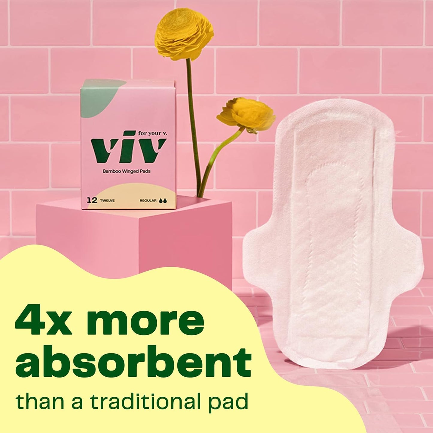 Viv for Your V Bamboo Organic Pads for Women | Soft, Thin, Absorbent Sanitary Pads with Wings | Unscented, Earth-Friendly | Postpartum Gift for Mom | Regular Absorbency (12 Pack)