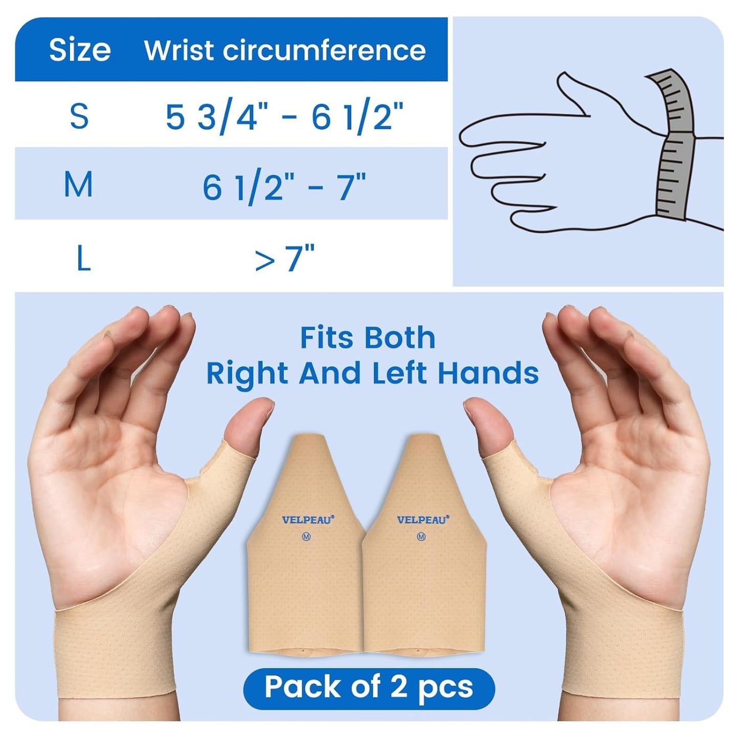 VELPEAU Thumb and Wrist Compression Sleeve for Tendonitis (Pack of 2), Seamless Technology, Gloves Wraps for Arthritis Pain Relief for Women & Men, Splint Liner, Fits Both Hands (Khaki, Long Version, S)