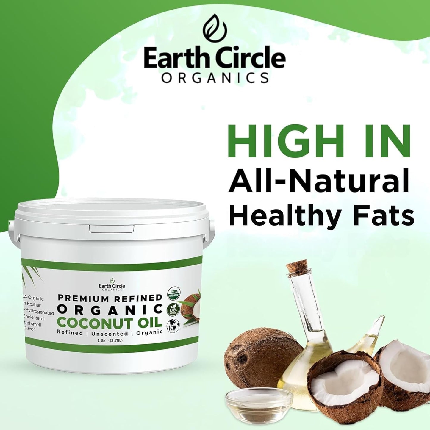 Earth Circle Organics Refined Coconut Oil - Ultra Premium Steam Refined, Keto & Paleo Friendly, Zero Coconut taste or smell - For Skin & Hair Care, Cooking, Deep Frying, Baking & More - Bulk 1 Gallon