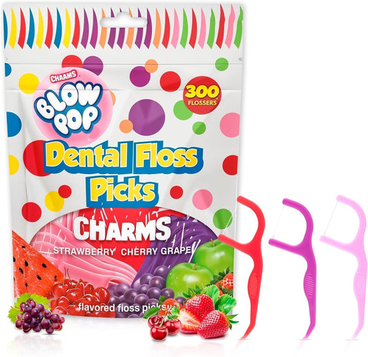 Flavored Floss Picks, 300 Count, Dental Floss Picks for Teeth with Fun Fruit Flavors, Flosser Picks for Adults and Children, | Strawberry, Cherry & Grape Flavor