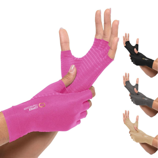 Copper Compression Arthritis Gloves | Fingerless Arthritis Carpal Tunnel Pain Relief for Men & Women | Hand Support Wrist Brace for Neuropathy, Rheumatoid, Tendonitis, Swelling, Crocheting, Typing Pink XS