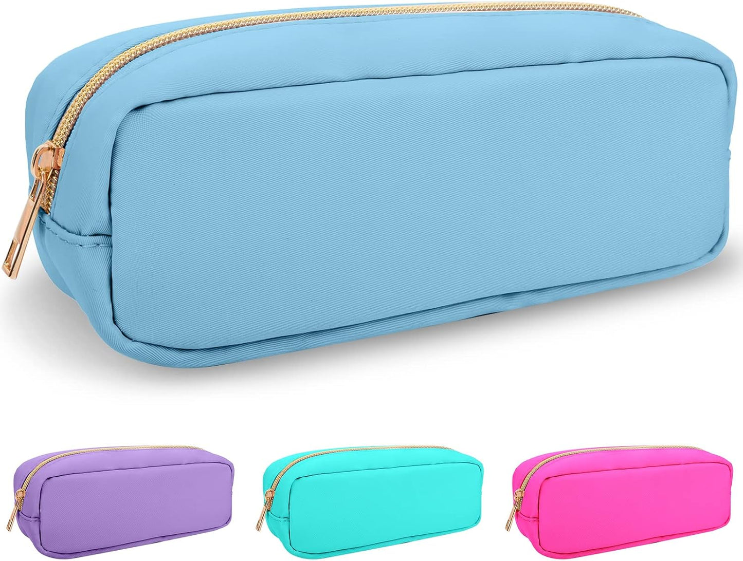 Izuzta Nylon Small Makeup Bag Slim Pouch, Preppy Cute Brush Case, Cosmetic Zipper for Purse, Waterproof Travel Toiletry Clutch Coin Organizer for Women Girls (Blue)