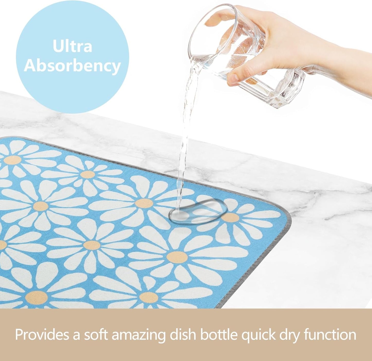 SHIYUE Dish Drying Mat for Kitchen Counter Super Absorbent Spring Kitchen Decor Microfiber Drying Matainers Rack Fast Pad Dish Drainer Mats(Sky Blue Flower,18''x24'')