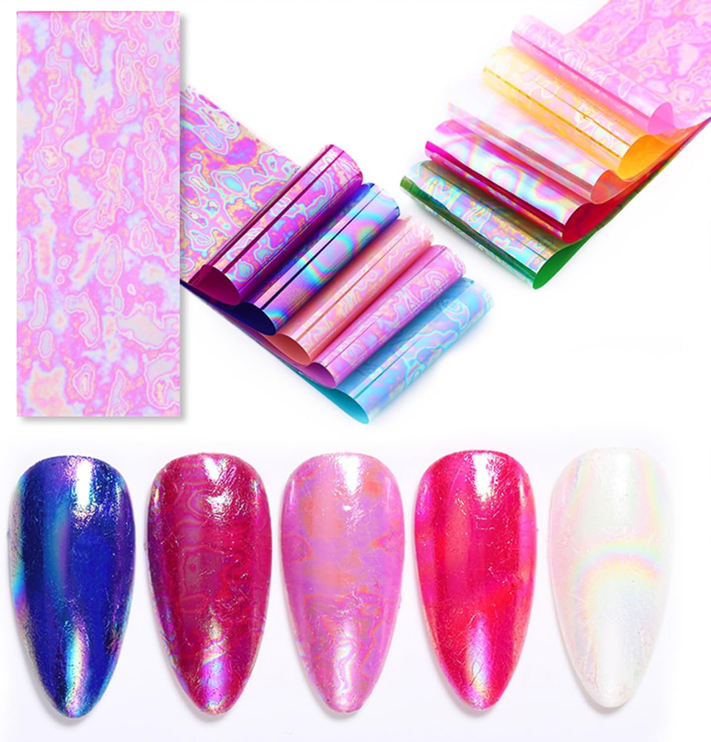 JERCLITY 10 Rolls Aurora Iridescence Nail Foil Transfer Sticker Kit Holographic Decals Laser Nail Foil Transfer Stickers Wraps