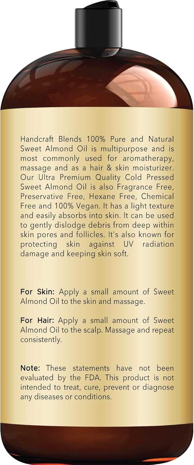 Handcraft Blends Sweet Almond Oil - 28 Fl Oz - 100% Pure and Natural - Premium Grade Carrier Oil for Skin and Hair - Hair and Body - Massage - Hexane-Free