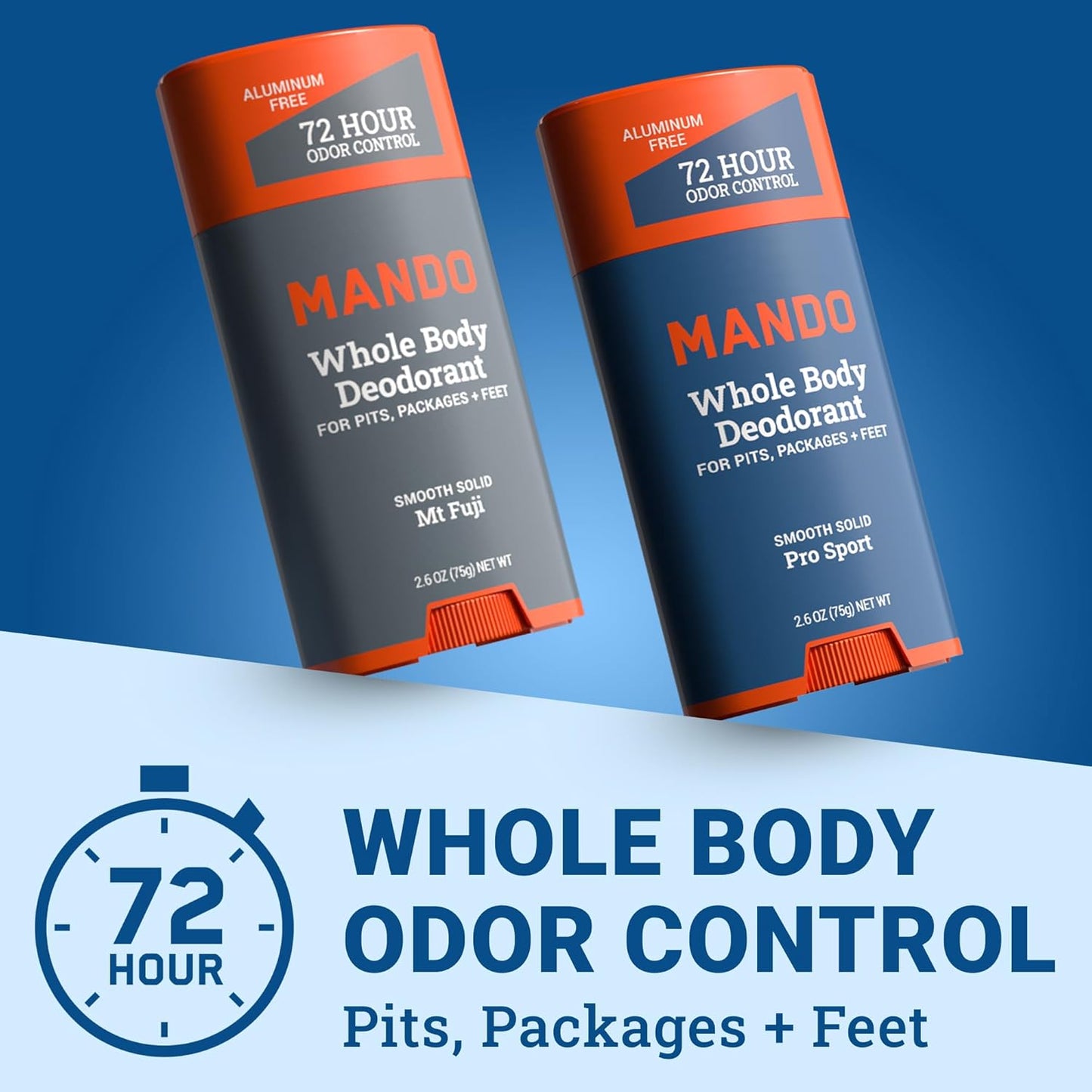 Mando Whole Body Deodorant For Men - Smooth Solid Stick - 72 Hour Odor Control - Aluminum Free, Baking Soda Free, Skin Safe - 2.6 Ounce (Pack of 2) (Mt Fuji & Pro Sport)