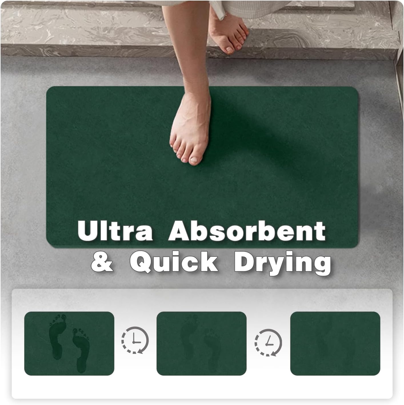 Bathroom Mat Quick Dry, Bathroom Rugs Non Slip Washable Thin Absorbent Bath Mat Fits Under Door Bathroom Floor Mat Perfect for Bath, Shower, or Sink 24"x36" Dark Green
