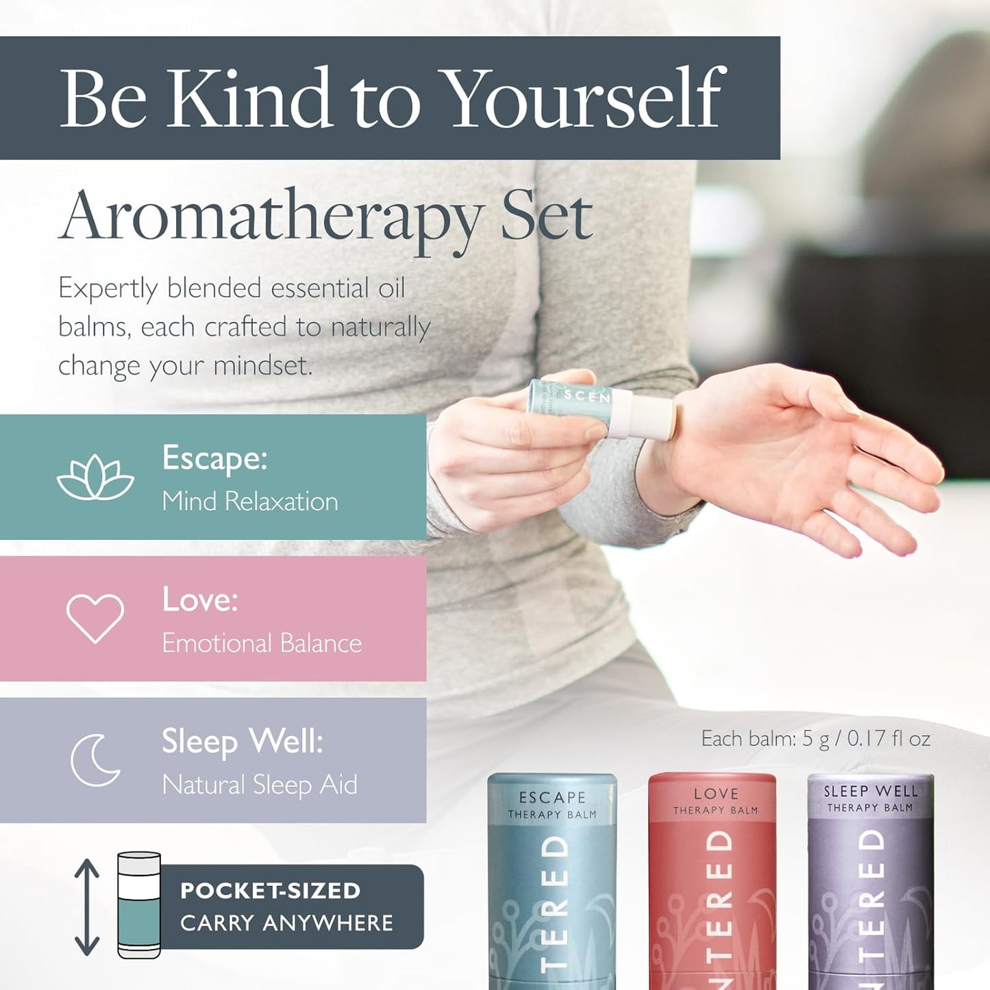Scentered Aromatherapy Balm Gift Set - Be Kind to Yourself - Pack of 3 Balms: Sleep Well, Escape, Love - Lavender, Cedarwood, Ylang Ylang Essential Oils - Relaxing Gifts for Women