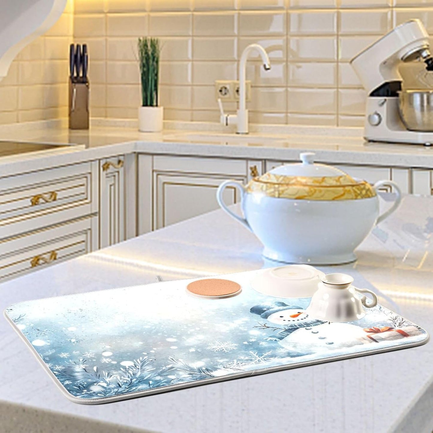 Winter Snowman Silver Dish Drying Mat for Kitchen Countertop 18x24 Christmas Snowflake White Xmas Large Drying Mat Reusable Quick Dry Dish Sink Mats Easy Clean Decorative Essentials