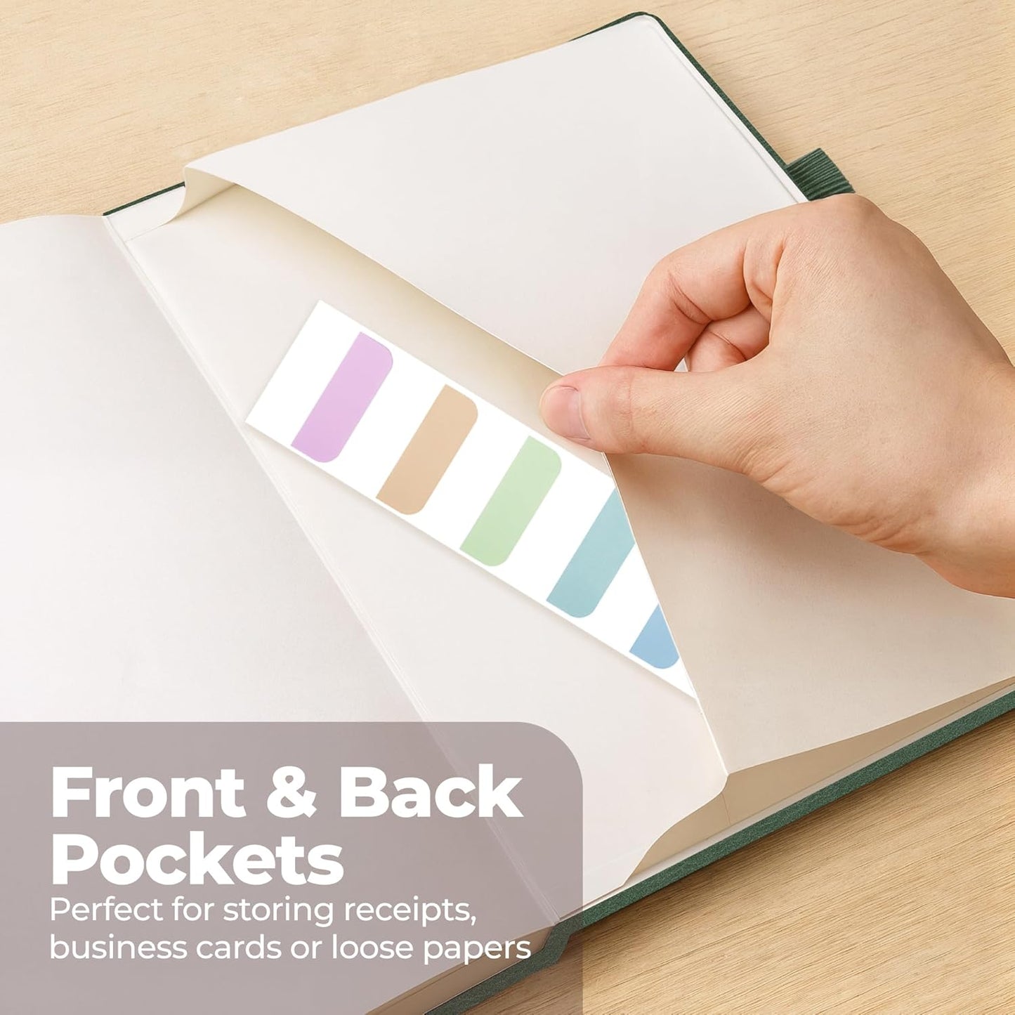 Classic Lined Journal Notebook 8.5x11" A4 Hardcover Leather - Green - 200 Pages College Ruled Large with Sticky Tabs, Pockets, and Pen Loop for Writing and Journaling - Big Hardback Men and Women