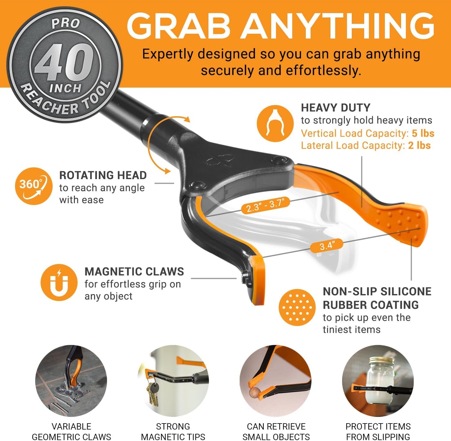 EZPIK 40" long extended grabber reacher tool for elderly - trash hand grabber pickup sticks for seniors - telescoping extension grabber claw pickup tool - hand extension magnetic folding grabber 2pack