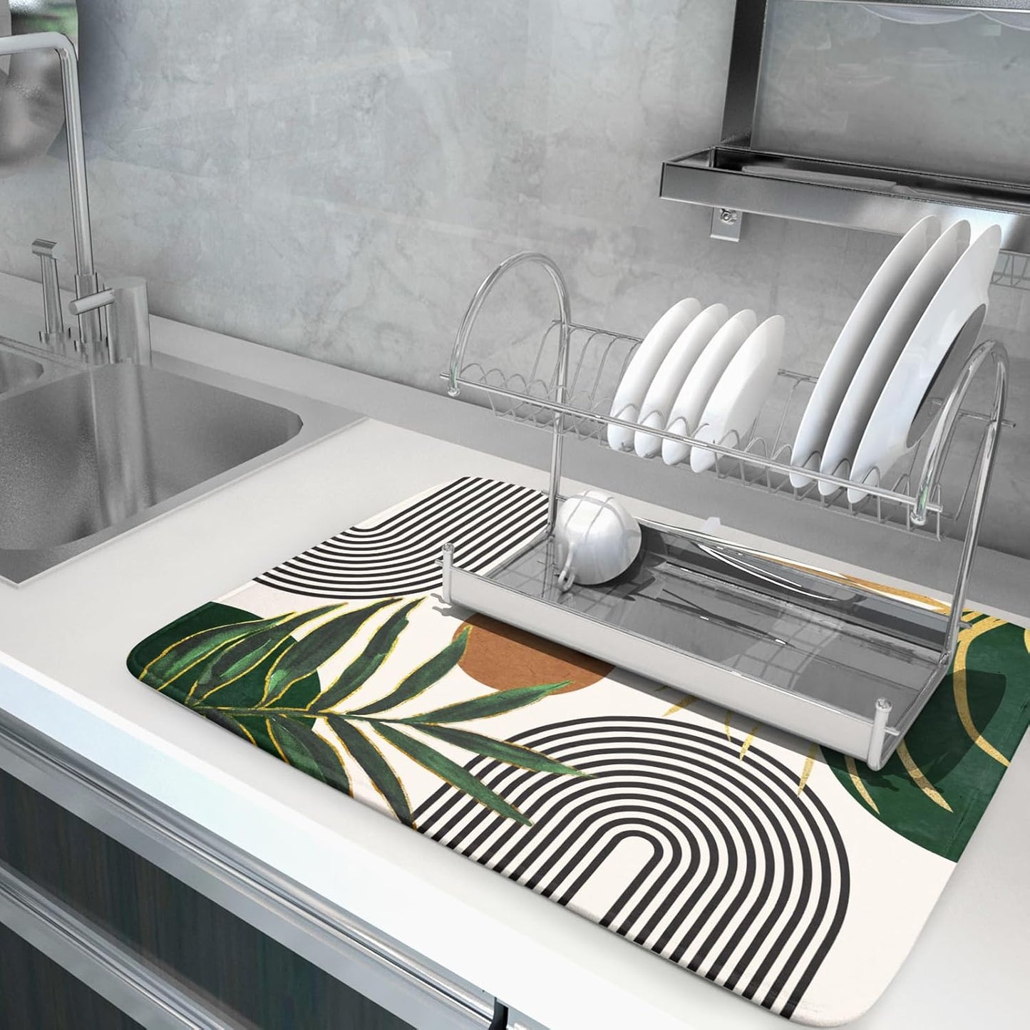 Boho Leaves Dish Drying Mat 18x24 inch Mid Century Absorbent Drainer Rack Mats Fast Dry Bottles Dish Dry Pad Protector Kitchen Accessories