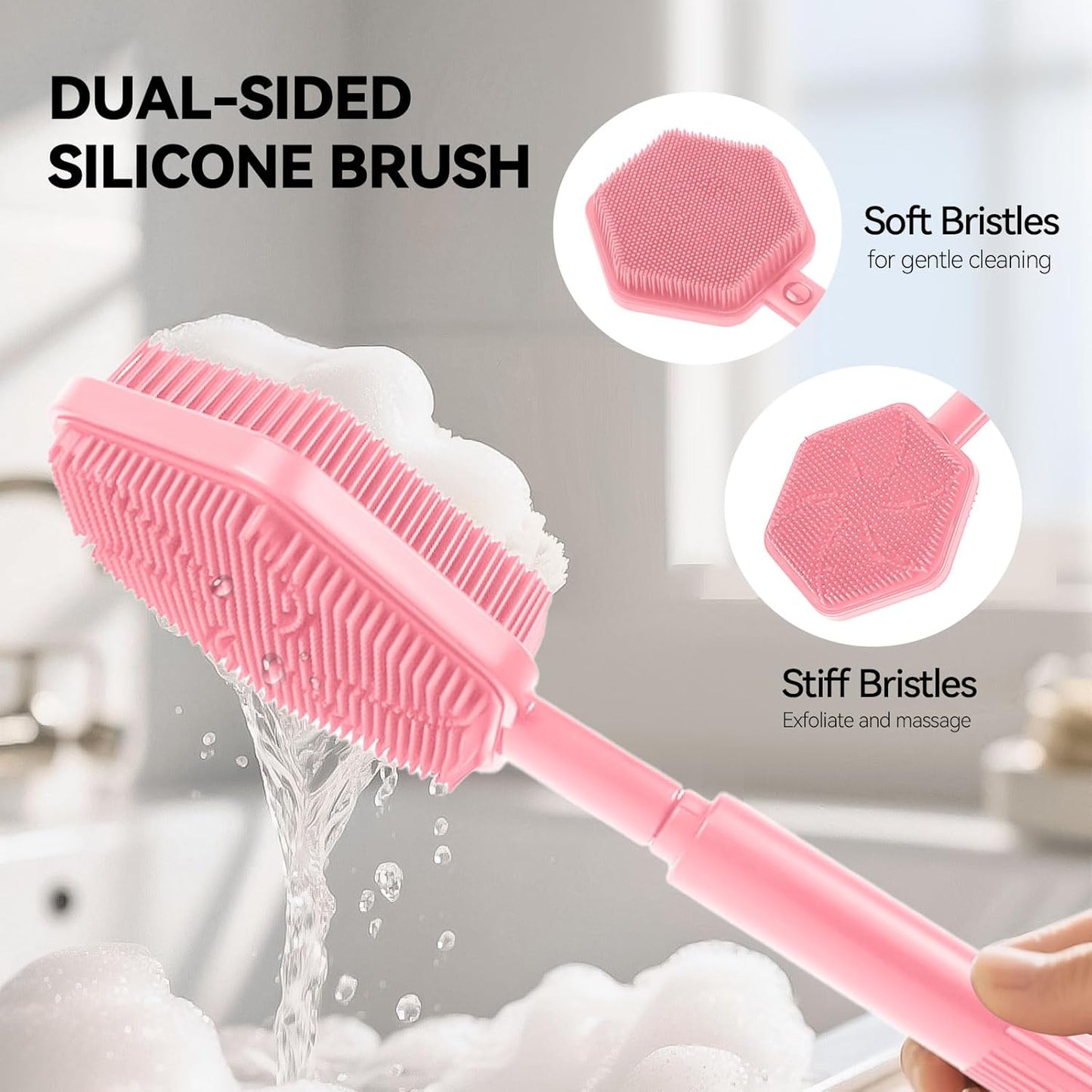 21 Inches Silicone Back Scrubber for Shower - Extendable Shower Brush Long Handle with Stiff and Soft Bristles -Loofah Alternative- Body Exfoliator for Bath or Dry Brush,Men & Woman (Pink)