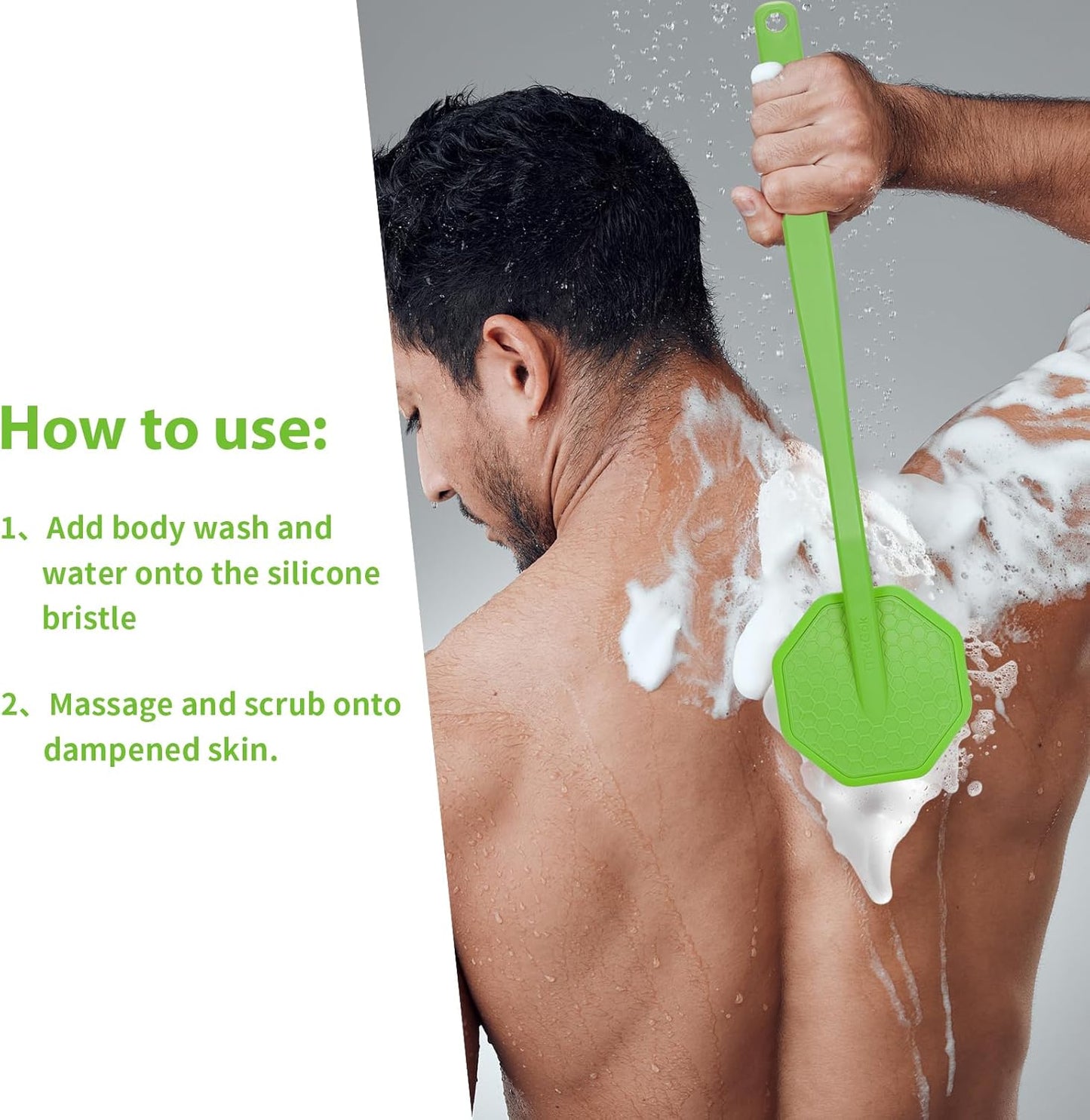 iTokGoK® Silver-Infused Silicone Back Scrubber with Long Handle Back Brush for Shower,Back Brush Long Handle for Men and Women,Ergonomic No-Slip Handle, Long-Lasting (Green)