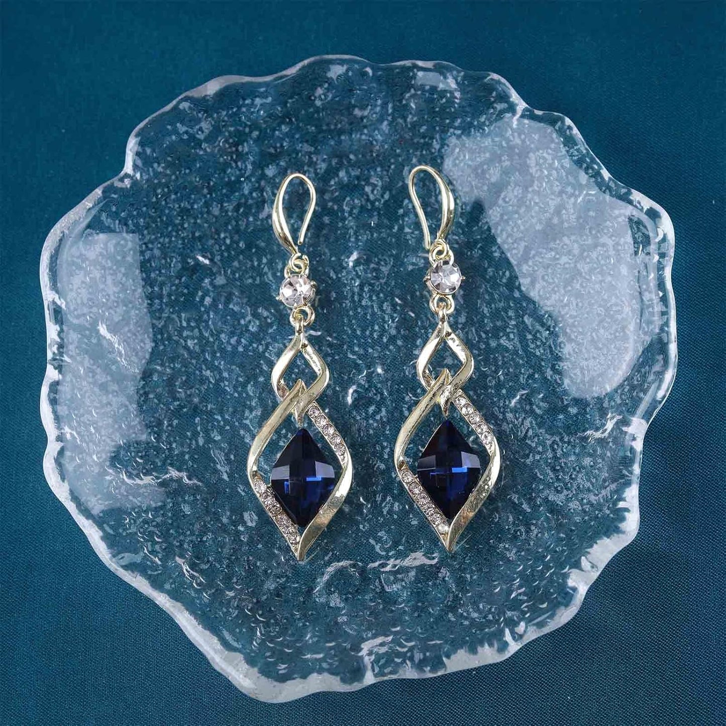 Vintage Sapphire Drop Earrings Blue Crystal Hook Earrings Gold Swirl Square Dangle Earrings Blue Sapphire Earrings Jewelry for Women