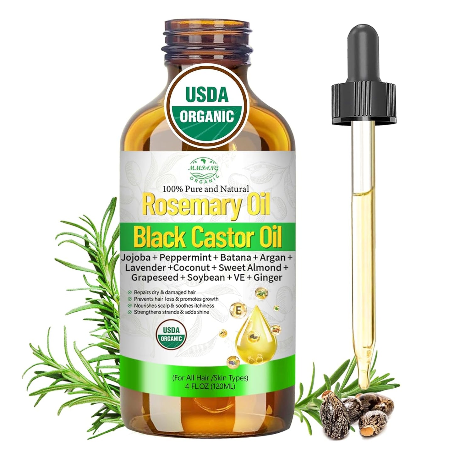 Rosemary Oil for Hair Growth with Castor, Organic Cold Pressed Blend Hair Oil Natural Scalp Care - Soothes Itchy Scalp, Repairs Dry Hair & Nourishes Roots for All Hair Types - 4 Fl Oz