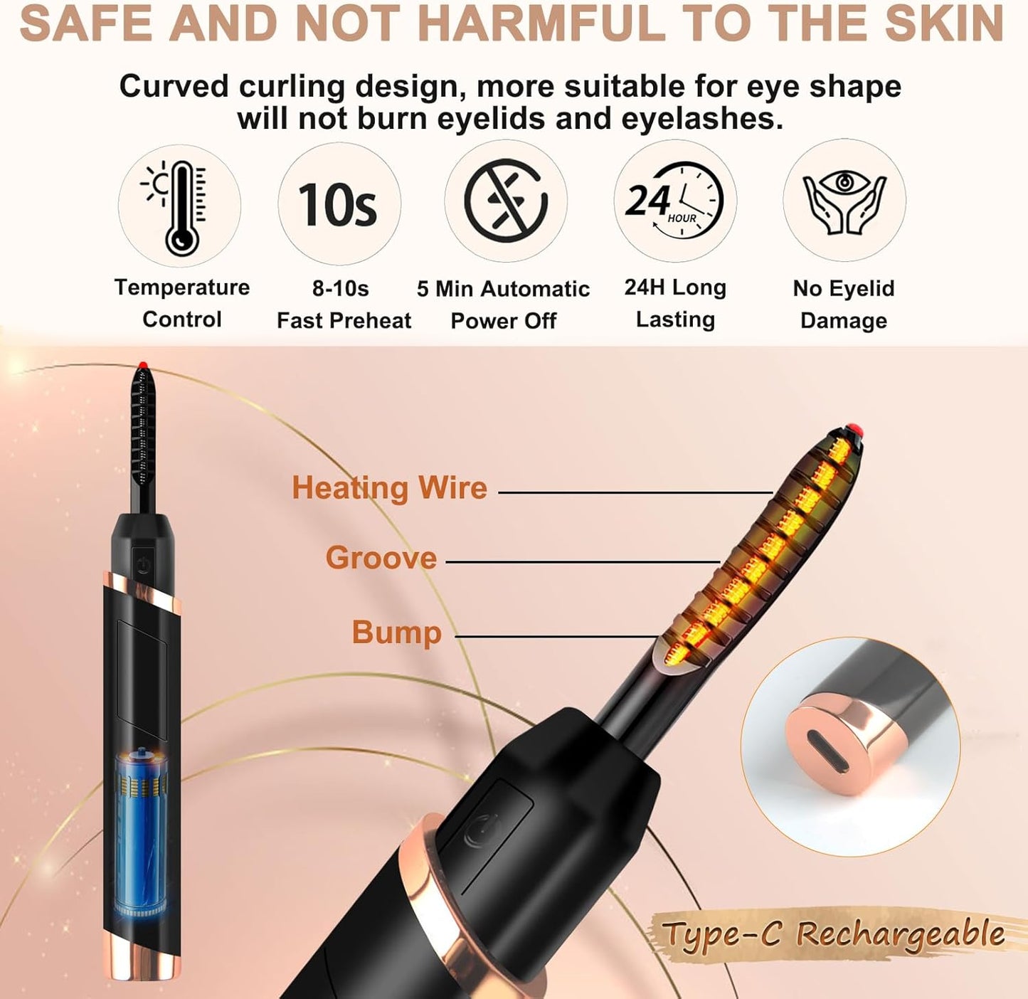 Heated Eyelash Curler, Electric Eyelash Curler, Rechargeable Lash Curler for Makeup Natural Curling Eye Lashes and 24 Hours Long Lasting - Black 2025 Updated New Model