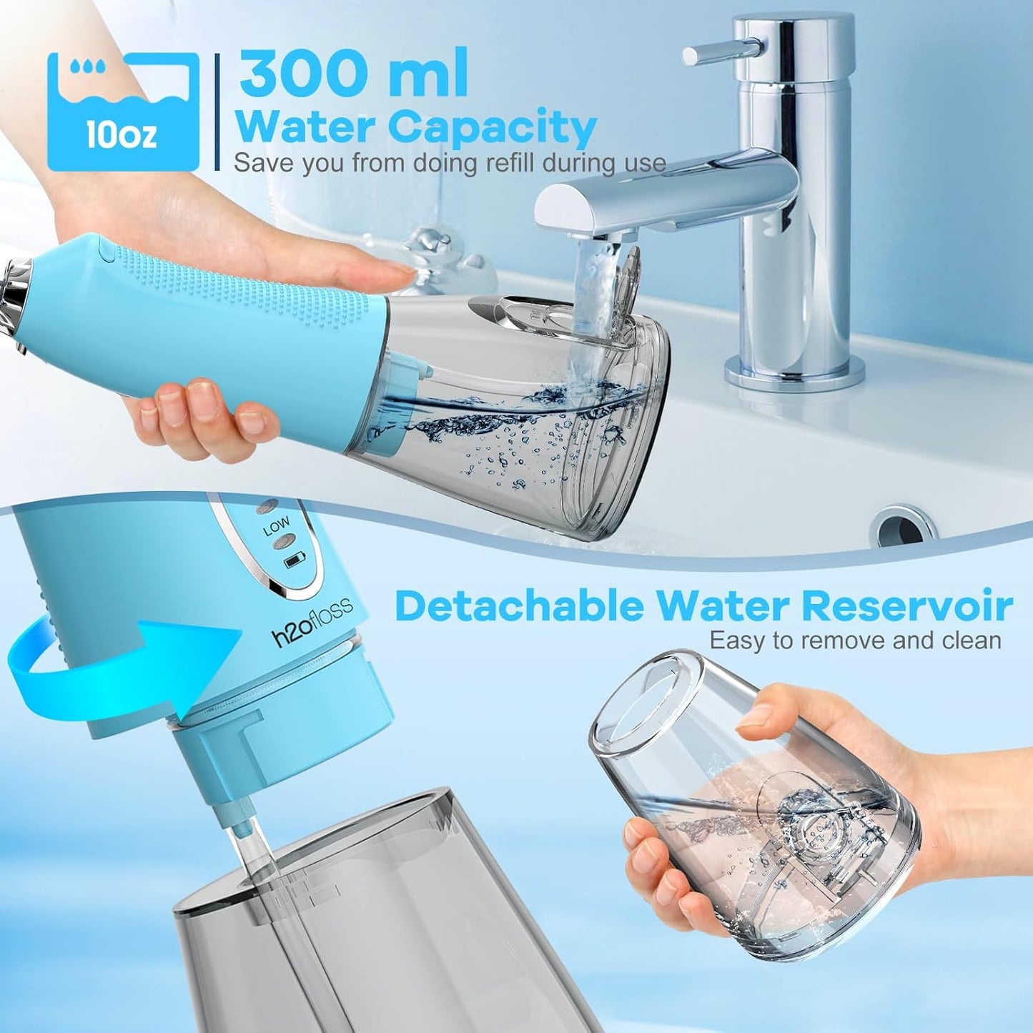 Water Dental Flosser Teeth Cleaner Pick, H2ofloss Cordless Portable Oral Irrigator,5 Mode IPX7 Waterproof Teeth Picks 300ML Rechargeable WaterFlosser for Teeth Cleaning Sky Blue