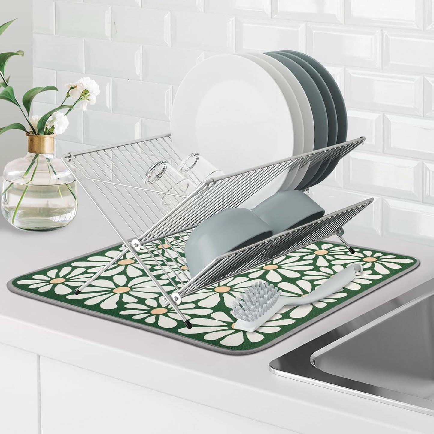 SHIYUE Dish Drying Mat for Kitchen Counter Super Absorbent Spring Kitchen Decor Microfiber Drying Matainers Rack Fast Pad Dish Drainer Mats(Green Flower,16''x18'')