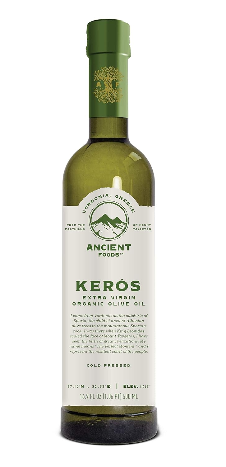 Ancient Foods Keros Greek Organic Extra Virgin Olive Oil – Fresh, Cold Pressed Olive Oil from Greece, High Phenolic 1000 Year Old Trees (0.5L)