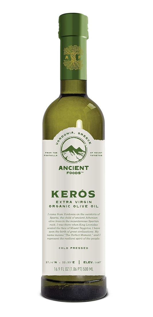 Ancient Foods Keros Greek Organic Extra Virgin Olive Oil – Fresh, Cold Pressed Olive Oil from Greece, High Phenolic 1000 Year Old Trees (0.5L)