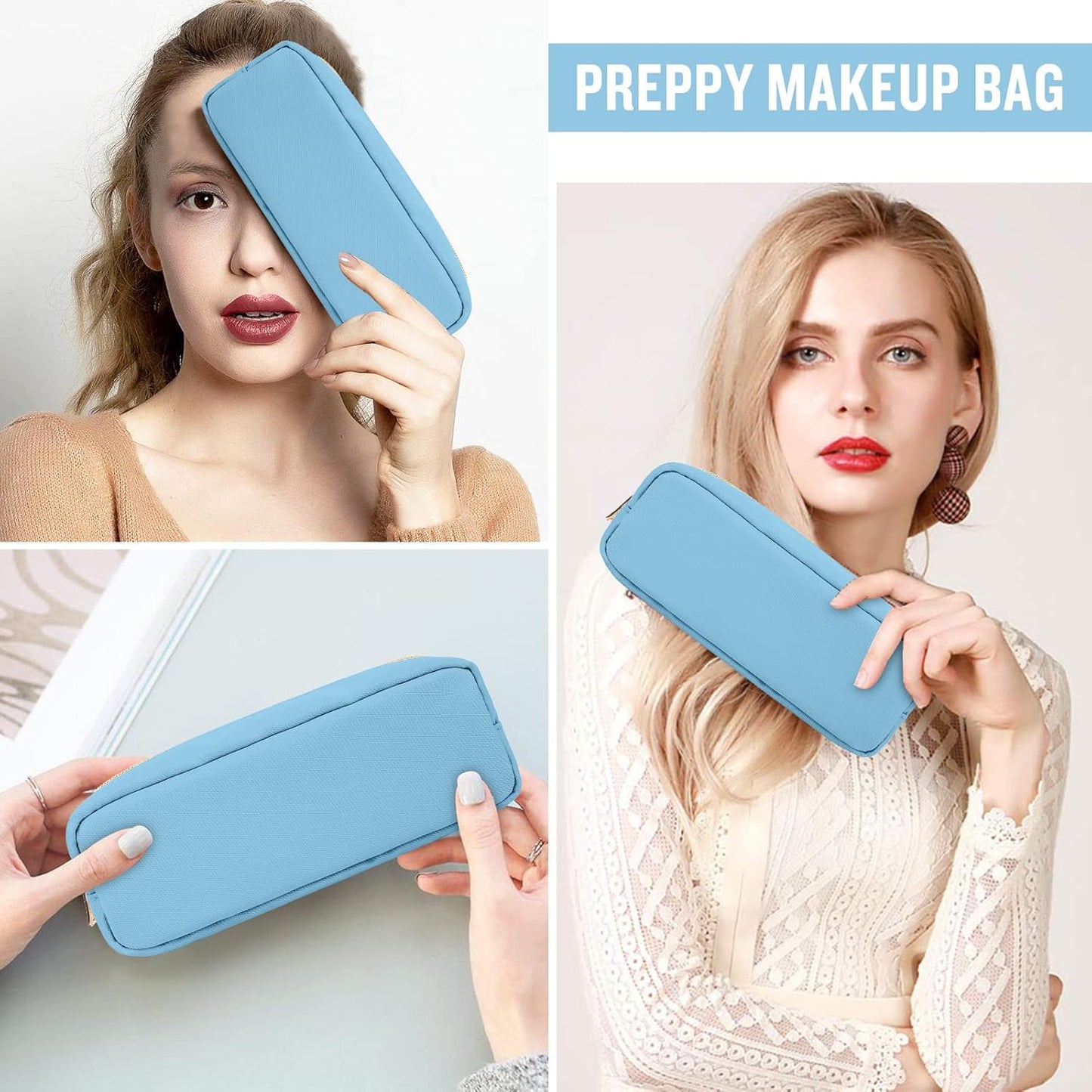 Izuzta Nylon Small Makeup Bag Slim Pouch, Preppy Cute Brush Case, Cosmetic Zipper for Purse, Waterproof Travel Toiletry Clutch Coin Organizer for Women Girls (Blue)