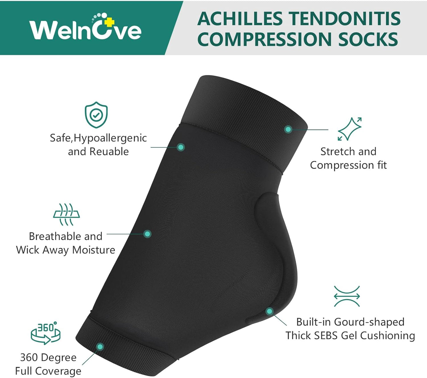Welnove Achilles Tendonitis Heel Protector Socks - (FSA & HSA) Achilles Tendon Support Compression Socks - Gel Padded Sleeve for Cushion & Protection of Bursitis, Tenderness, Dry Cracked, Regular