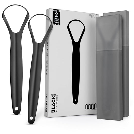 MasterMedi Black Tongue Scraper with Cases (Spoon Shape, 2 Pack), Tongue Scrubber for Bad Breath Treatment, Easy to Use Tongue Scraper for Adults, Tongue Cleaner for Oral Care