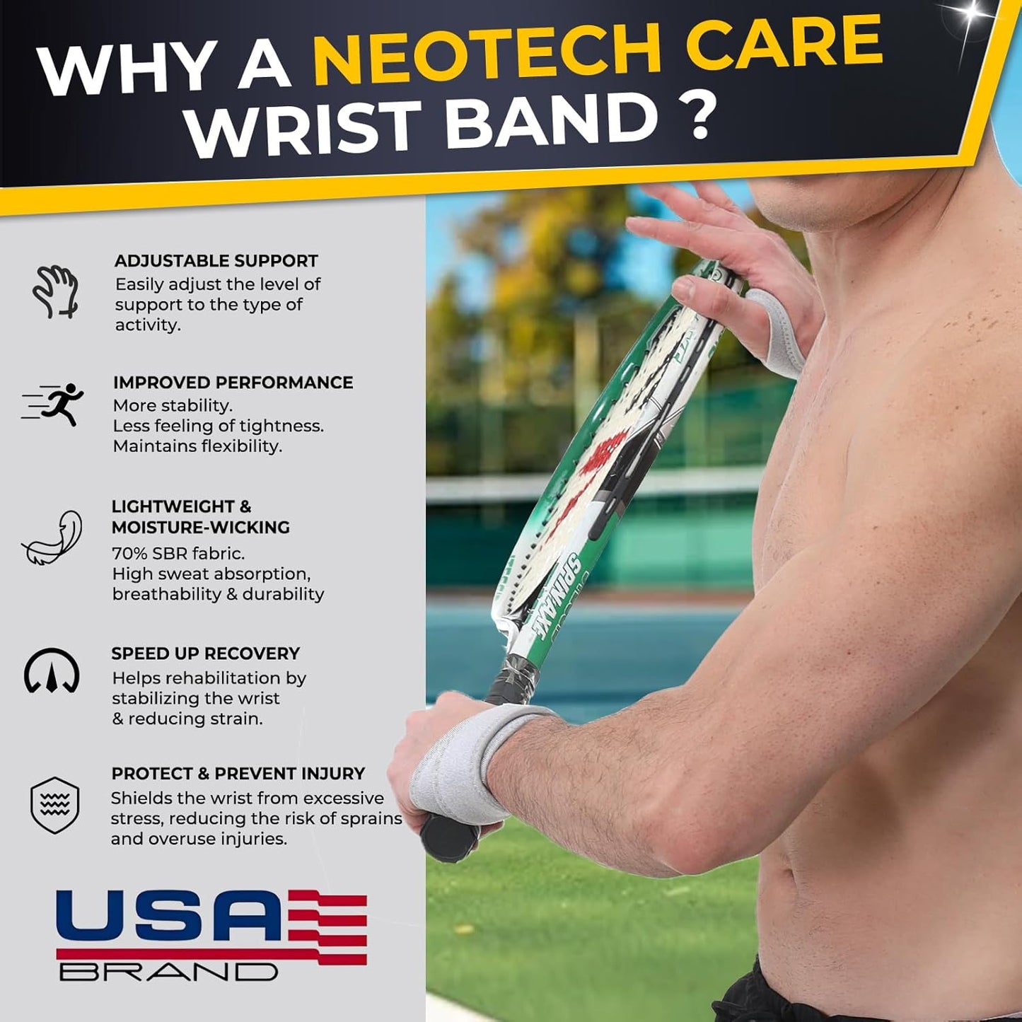 NeoTech Care Wrist Band - Elastic & Breathable Fabric - Adjustable Compression Strap - Men, Women, Right or Left - Support Wrap for Protection or Sports (Gray Color, Size M, 1 Pair)