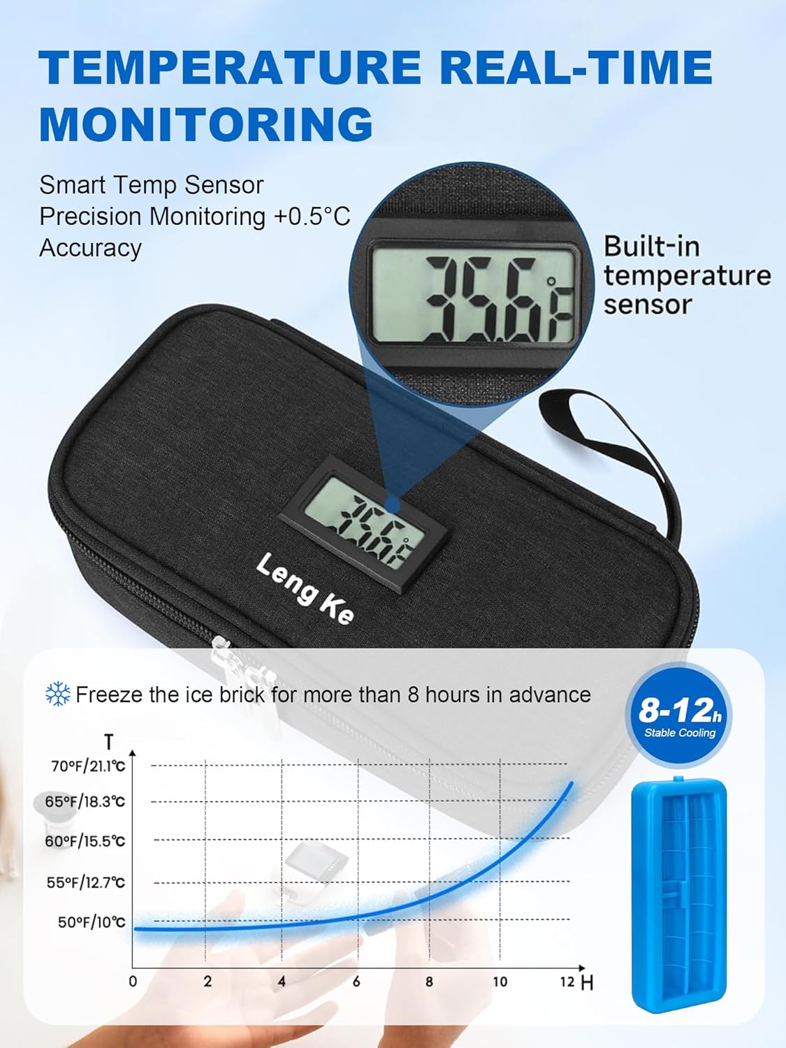 Insulin Cooler Travel Case for Pen & Vials - TSA Approved Temperature Display Diabetic Medication Cooling Bag with Protective Ice Brick, Refrigerated Diabetes Supplies Carrying Organizer(Black)