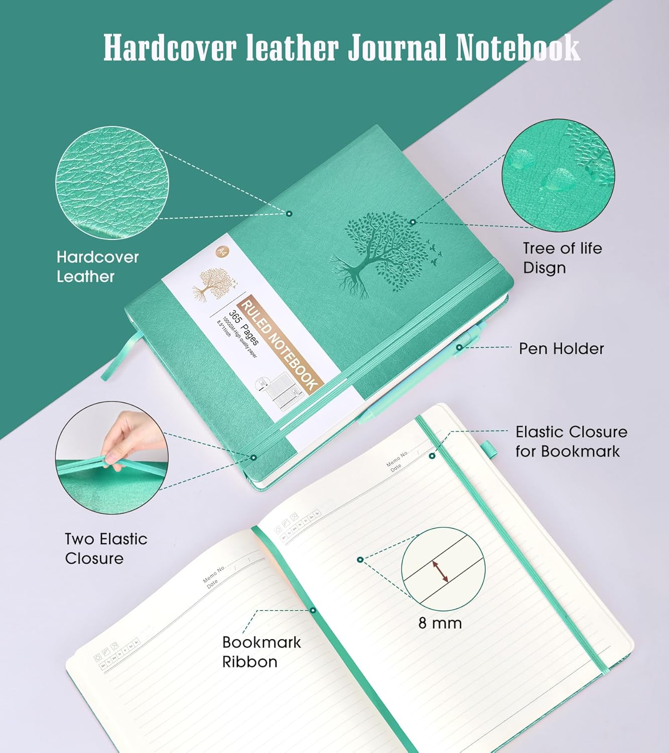 Lined Journal Notebook, 365 Pages A4 Large Journals for Writing Ruled Notebook, Hardcover Leather Journal for Women Men, Daily Notebook for Work, Note Taking, 100Gsm Thick Paper (8.5" x 11" Teal)