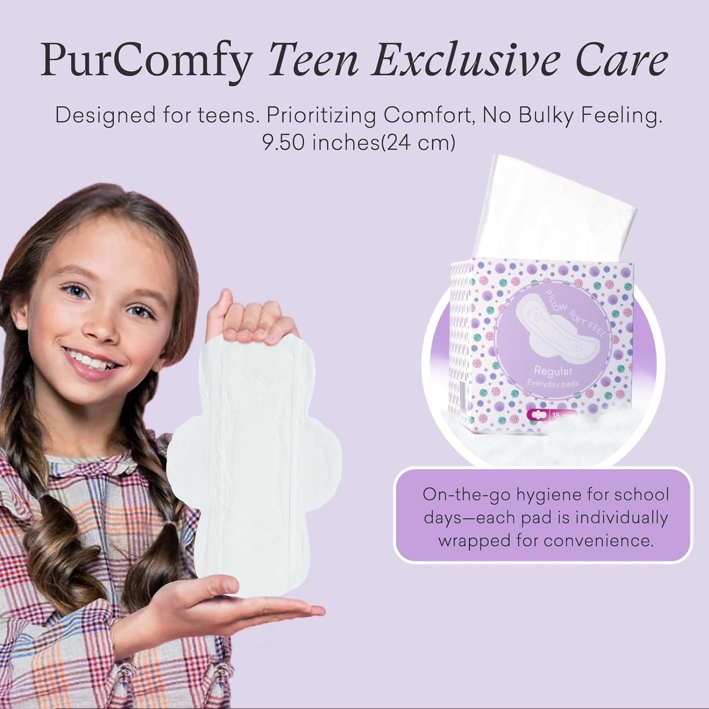 Teens Period Pads with Wings for Tweens, Organic Cotton Sanitary Pads for Teen Girls 9-14, Teen Regular, 108 CT