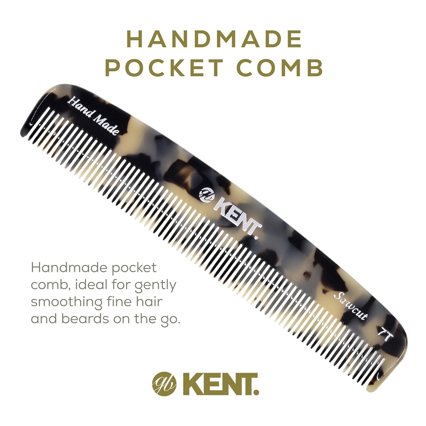 Kent 7T TW All Fine Tooth Pocket Comb for Men - Handmade Hair and Beard Travel Comb for Everyday Grooming and Styling - Saw Cut and Hand Polished for Wet, Dry, Fine or Thinning Hair