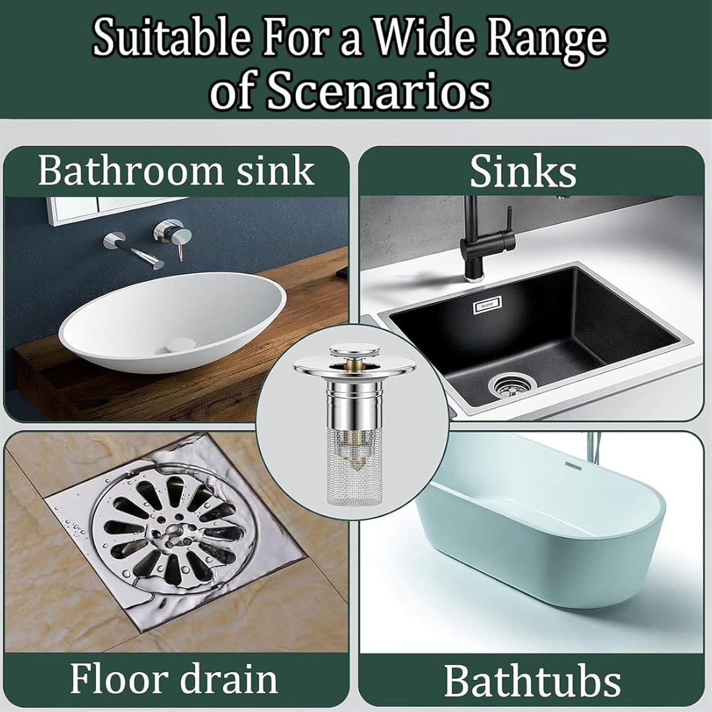 Conceptan Drain Stopper, Bathroom Sink Stopper Hair Catcher, Sink Plug Hair Trap, Bathtub Drain Stopper, Universal Pop up Stainless Steel Floor Drains Filter, Fits Bathroom, Laundry Sink Drains (5pcs)