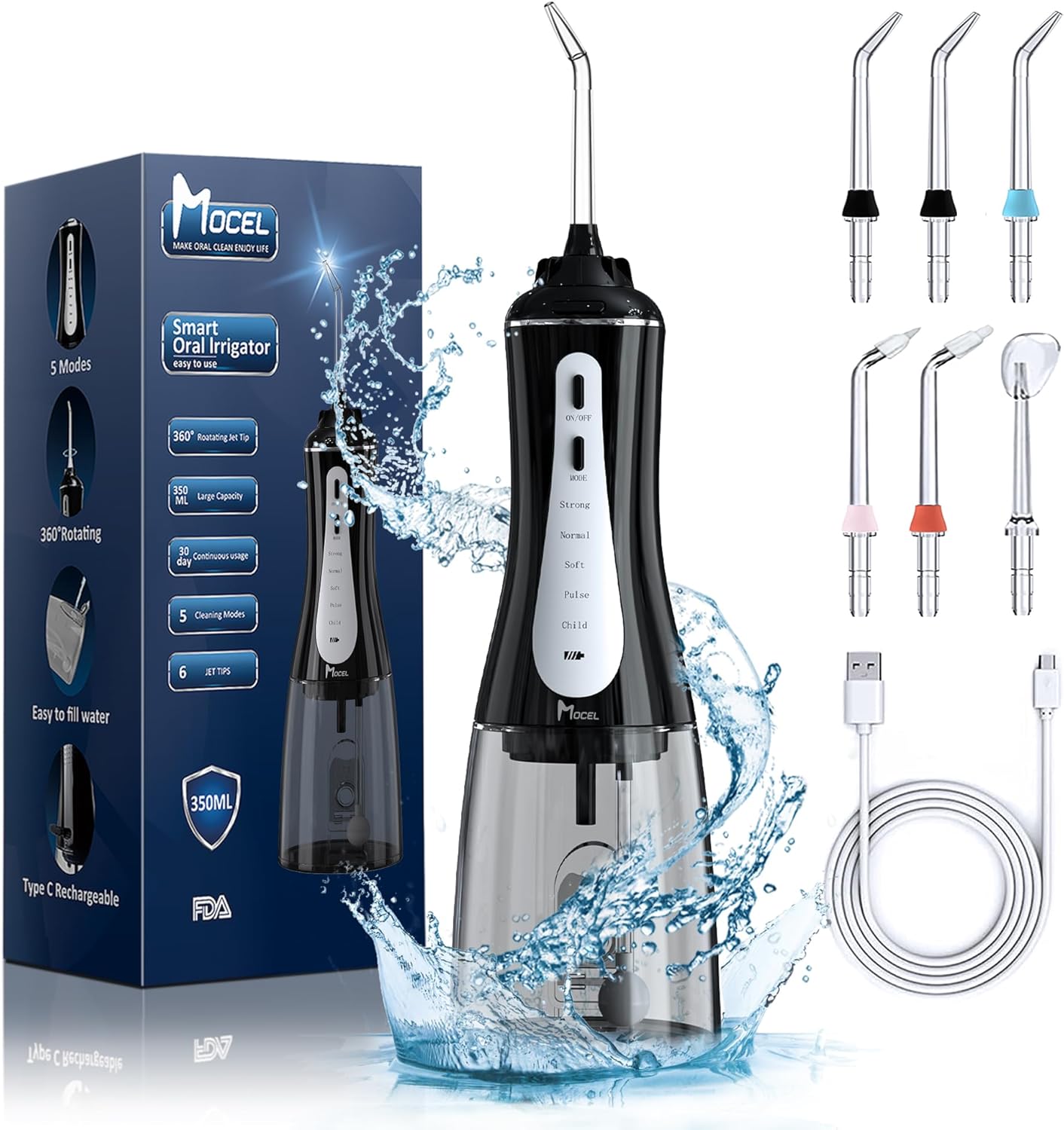 Water Dental Flosser Oral Irrigator with 5 Modes, 350ml Cordless Water Teeth Cleaner Pick 6 Tips, IPX7 Waterproof Rechargeable Portable Powerful Battery for Travel & Home Braces & Bridges Care