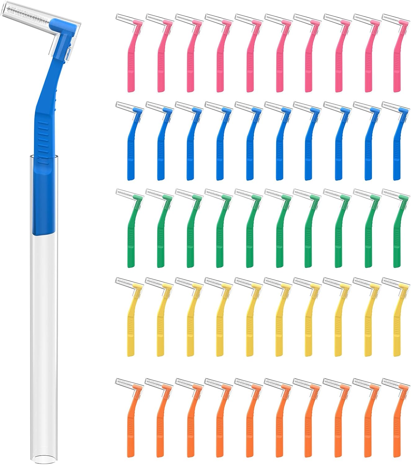 50 Count Angle Interdental Brushes for Braces, 5 Sizes, Extra Tight(0.6mm), Tight(0.7mm), Medium(0.8mm), Wide(1.0mm,1.2mm), L- Shaped Interproximal Floss for Dental Plaque Removal Health