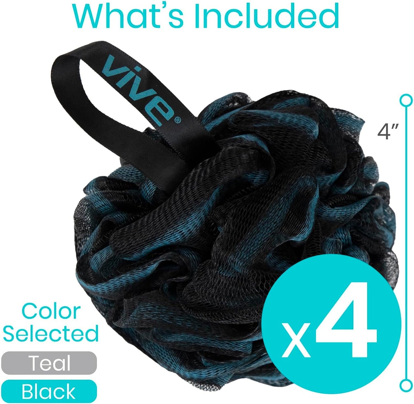 Vive Loofah Sponge Replacement (4 Pk) Shower & Bath Pouf Scrubber for Back & Body Exfoliation, Works with Vive Interchangeable Loofa Handle Long Brush (Replacement Sponge Black and Blue (4 Pack), 4)