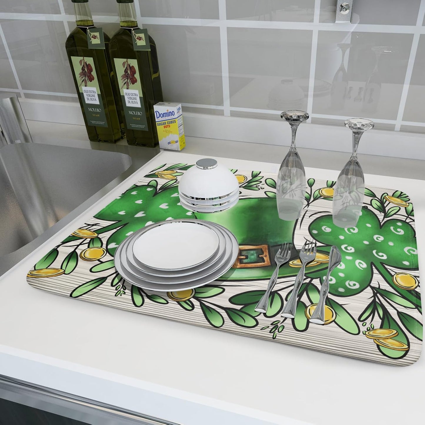 St Patrick's Day Shamrock Dish Drying Mat 18x24 inch Eucalyptus Leaves Dishes Pad Dish Drainer Mats Absorbent Fast Dry Kitchen Accessories