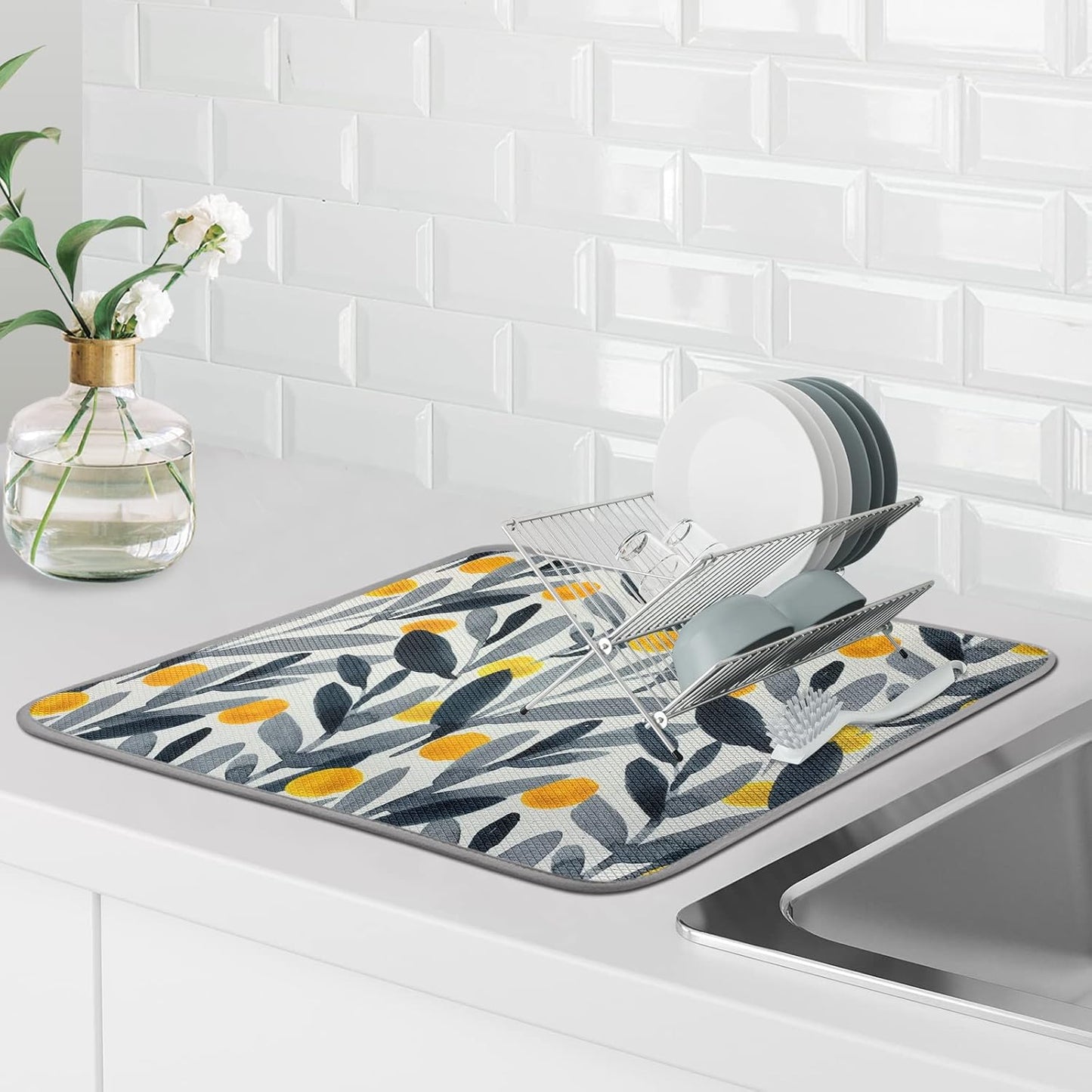 SHIYUE Dish Drying Mat for Kitchen Counter Super Absorbent Spring Kitchen Decor Microfiber Drying Matainers Rack Fast Pad Dish Drainer Mats(Watercolor Leaves,18''x24'')