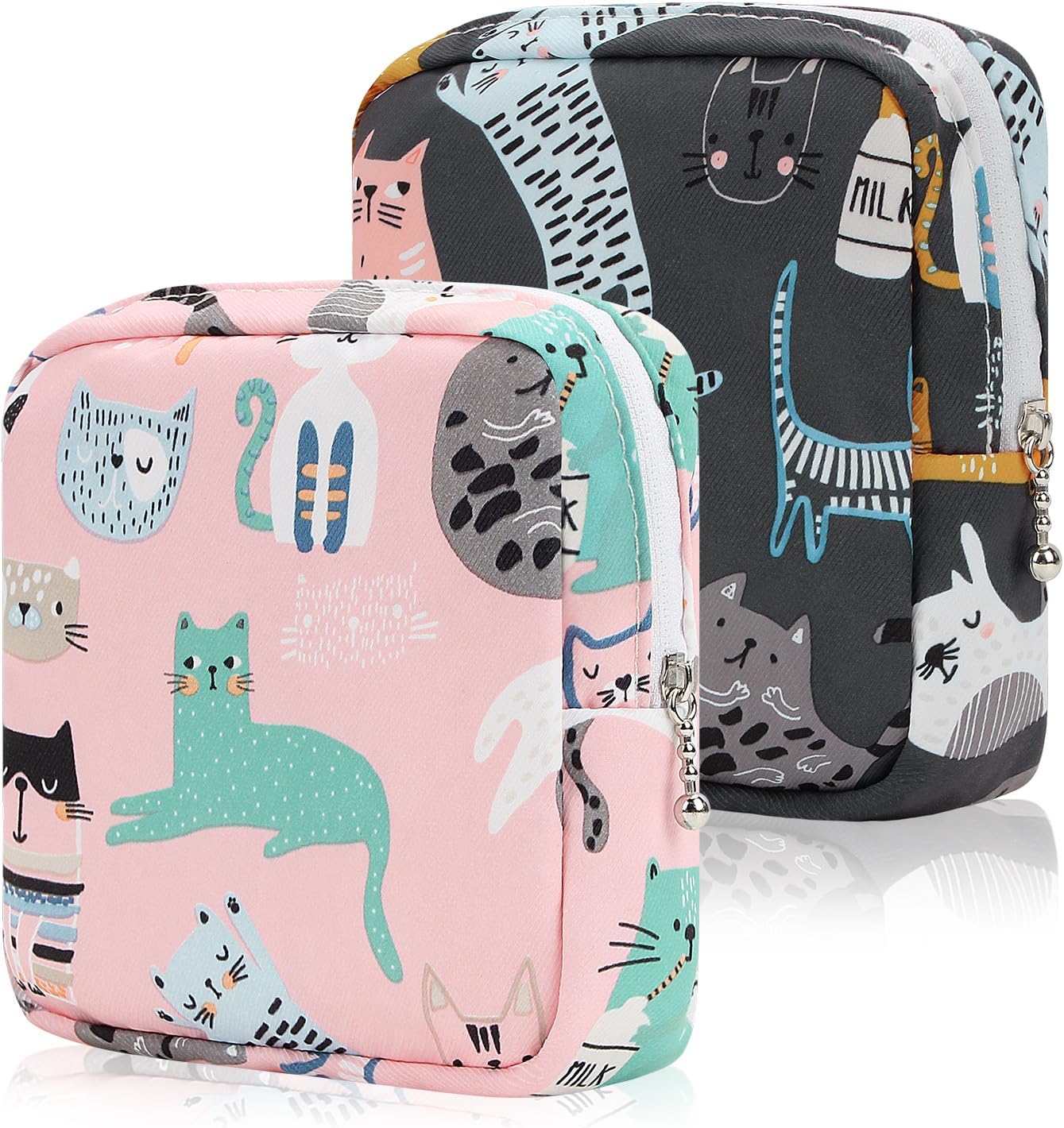 Desing Wish Period Bag Sanitary Napkin Storage Bag for Feminine Pads Panty Liners Tampons and Reusable Pads, Sanitary Pads Pouches First Period Kit for Teen Girls/Women 2 Pack (Pink/Grey Cat)