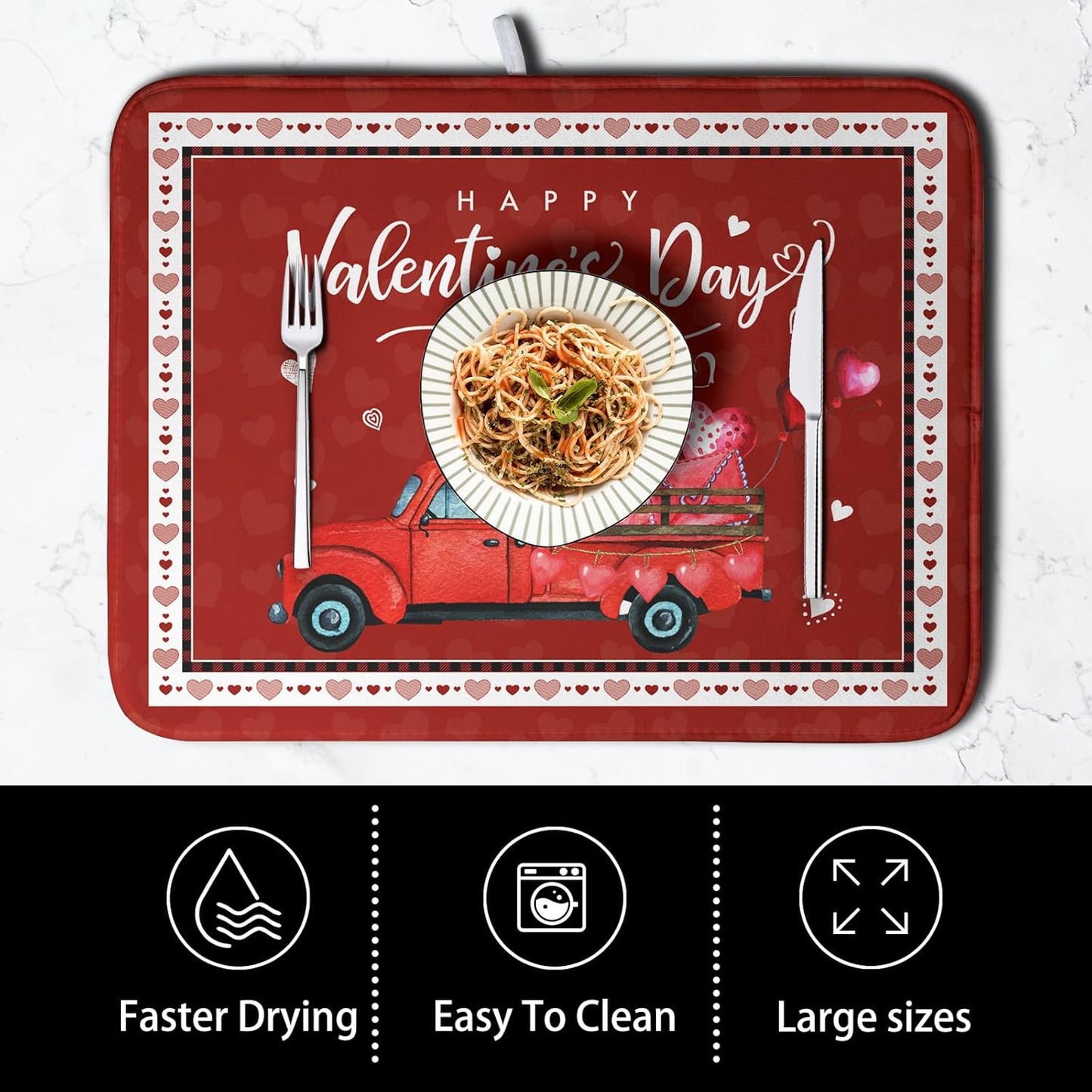 Happy Valentine's Day Dish Drying Mat for Kitchen Red Love Heart Truck Plaid Drying Mats Super Absorbent Dishes Drainer Pad Reversible Microfiber Dish Drying Rack Mat for Kitchen Counter 18x24 Inch