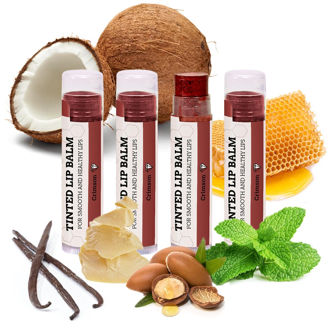 Earth's Daughter Tinted Lip Balm Crimson Color 4-pack, Beeswax, Coconut Oil, Cocoa Butter, Vitamin E, Moisturize and Beautify - Paraben Free