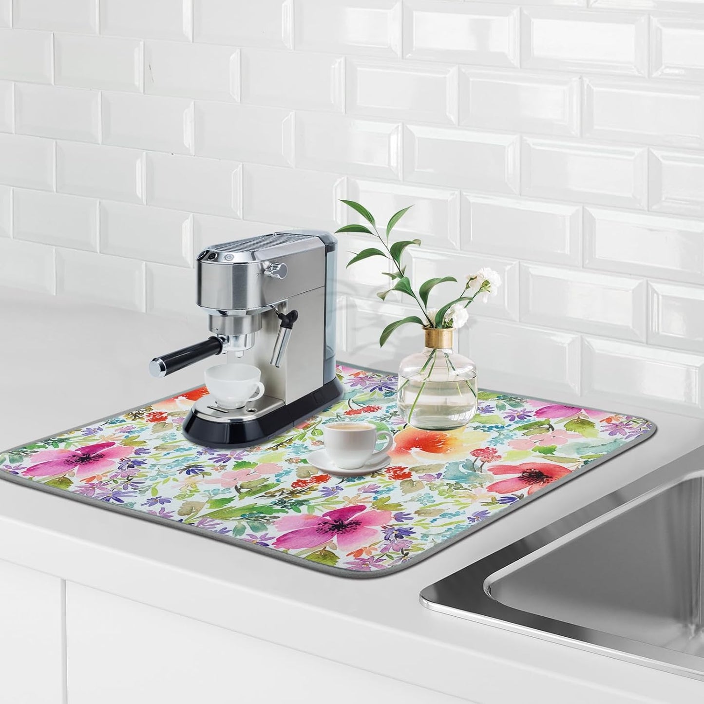 SHIYUE Dish Drying Mat for Kitchen Counter Super Absorbent Spring Kitchen Decor Microfiber Drying Matainers Rack Fast Pad Dish Drainer Mats(Watercolor Floral,18''x24'')