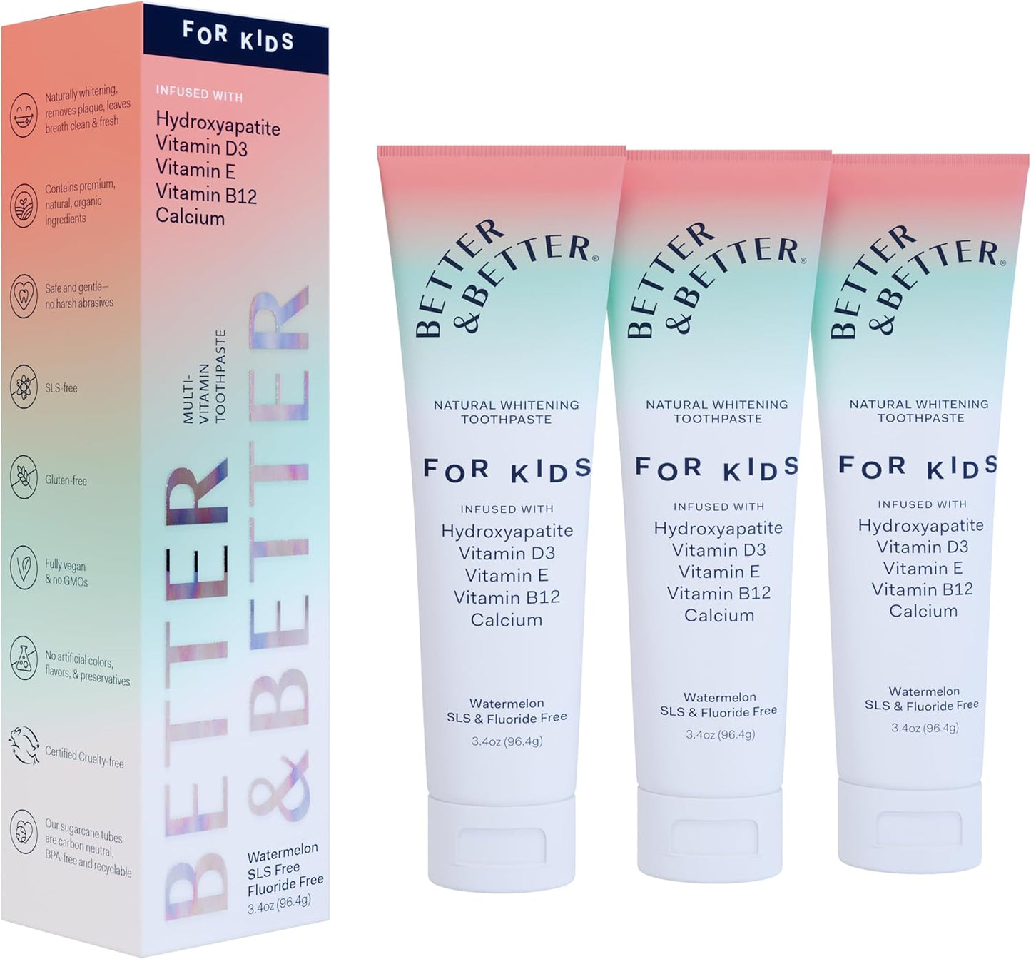Better & Better Kids Toothpaste | Natural Hydroxyapatite Toothpaste Infused w/Calcium & Vitamins D, E, B12 | Fluoride & SLS Free for Sensitive Brushers | Watermelon Flavor | 3.4oz, 3 Pack