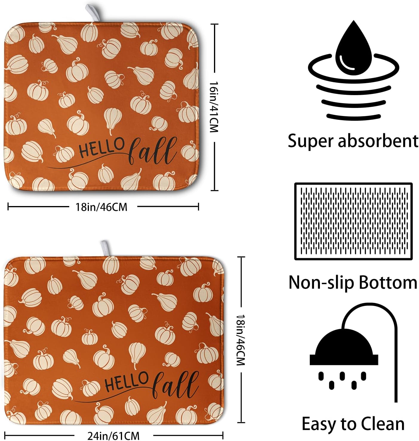 Hello Fall Drying Mat for Kitchen Counter Autumn Orange Pumpkin Dry Dish Mat Thanksgiving Absorbent Microfiber Dish Draining Washable Dish Drainer Rack Mat 16x18 Inch