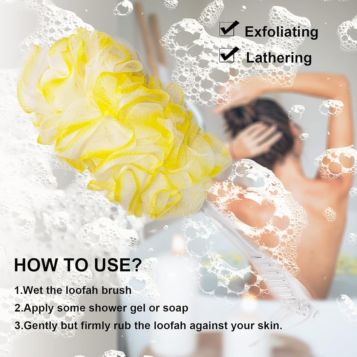 PPHAO Loofah on a Stick - Long Handle Bath Brush for Men & Women - Plastic Loofah - 2Pack - Yellow