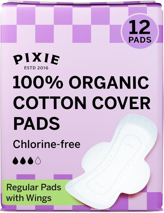 Pixie Organic Cotton Pads for Women - Ultra Thin with Wings, Leak-Proof & Moisture-Wicking - Compostable, Unscented Menstrual Pads - Regular Absorbency - 12 Count