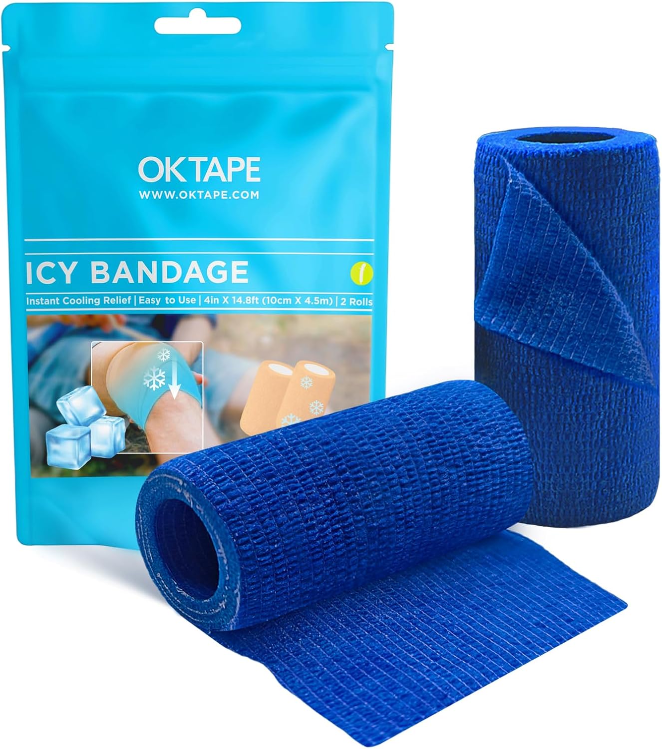 OK TAPE 2 Rolls Ice Self Stick Bandage Wrap, Instant Cold Relief for Knee, Ankle, Wrist, Cold Compress Elastic Athletic Tape for Sports Injuries, No Refrigeration Needed, 4 Inch Wide, Navy Blue
