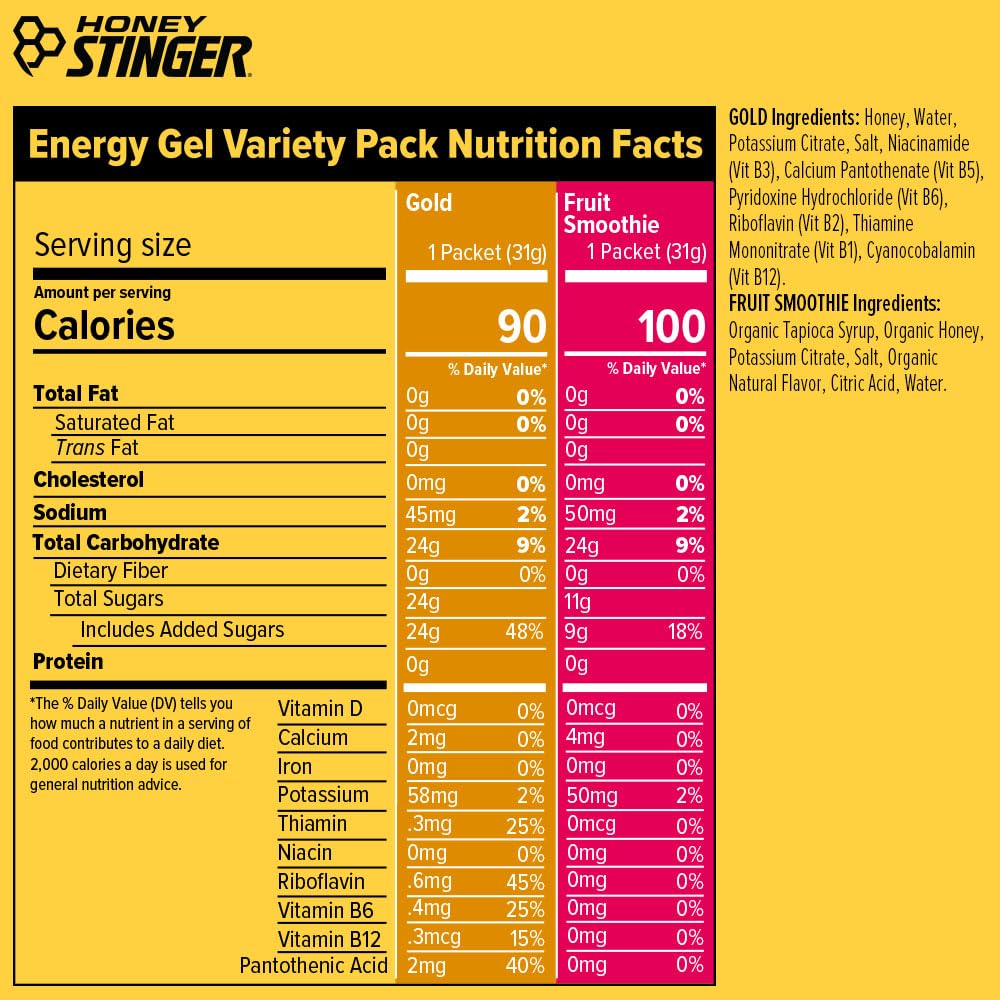 Honey Stinger Energy Gel Variety Pack 12 Packs Each of Gold and Organic Fruit Smoothie Gluten Free & Caffeine Free Sports Nutrition for Home & Gym, Pre and Mid Workout