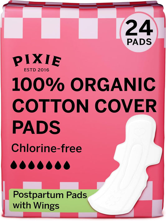 Pixie Cup Organic Cotton Postpartum Pads for Women - Extra Heavy Absorbency with Wings - Leak-Proof, Hypoallergenic & Unscented - Compostable, Biodegradable - 24 Count